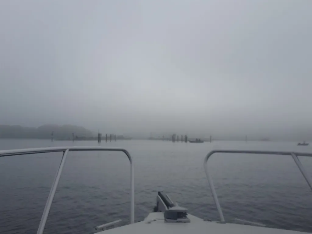 Stimmungsvolle Nebelstimmung auf dem See mit Schulschiff
